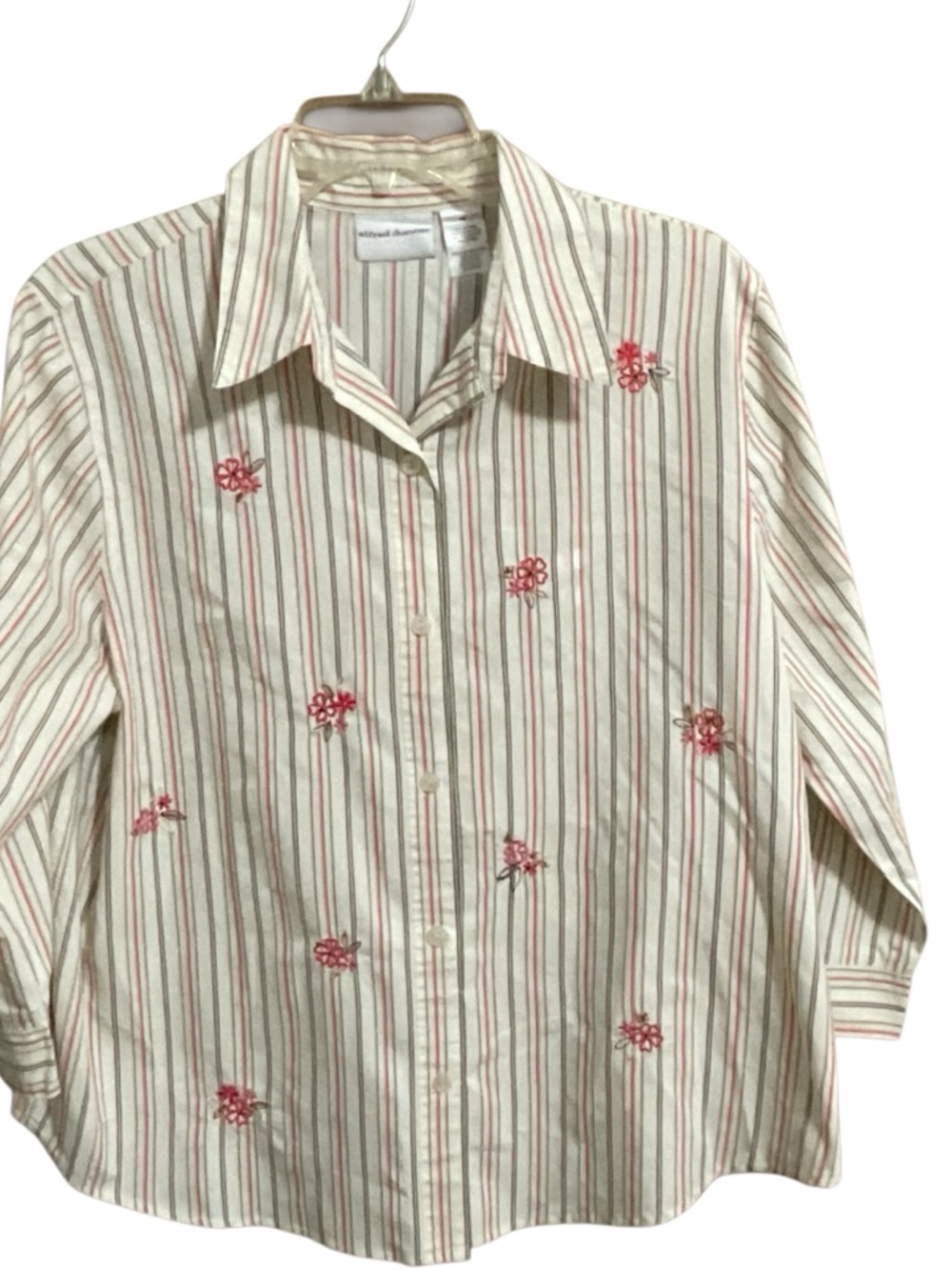 Alfred Dunner Cream and Pink-Sage Striped Button-Up Shirt